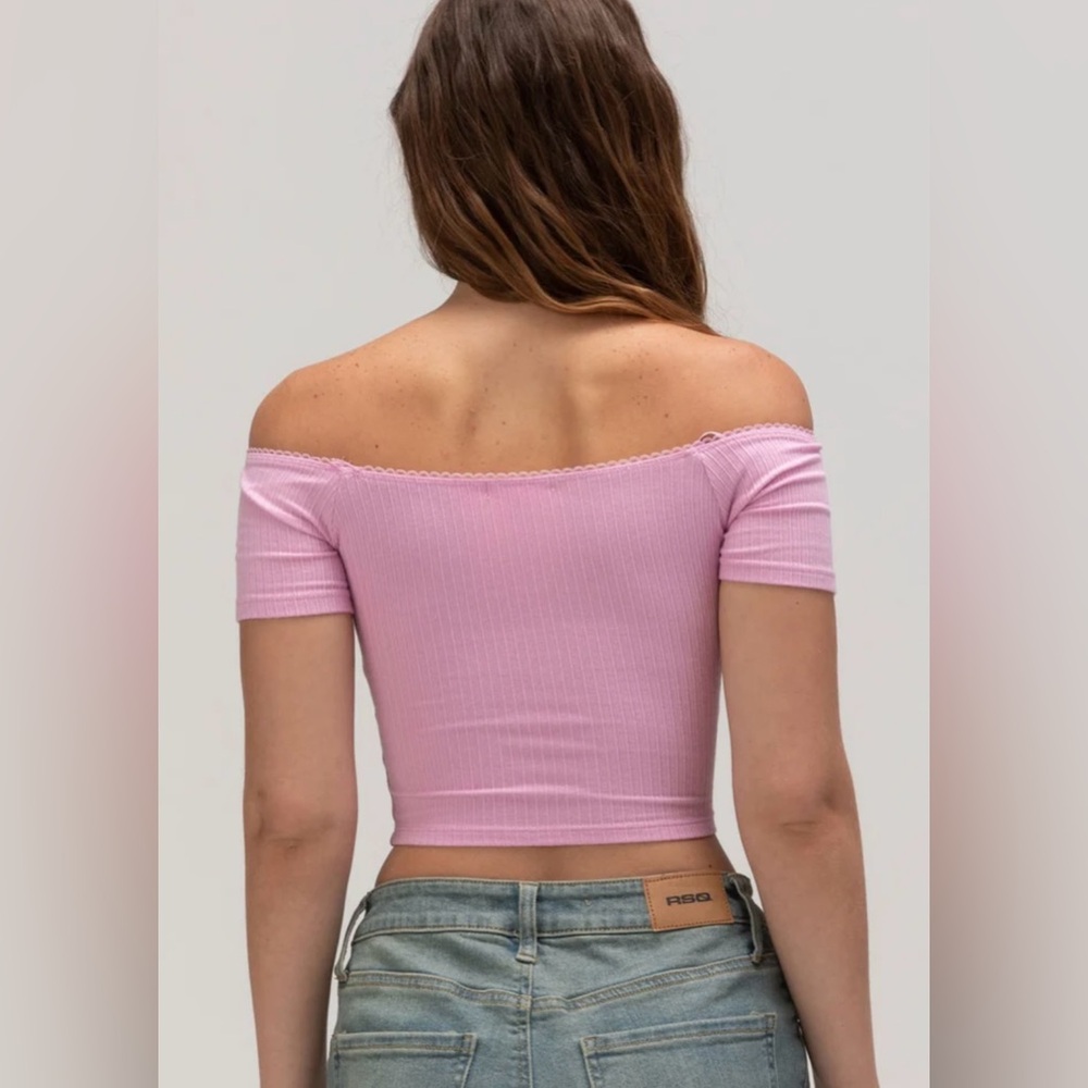 Bozzolo | Ballet Neck Baby Tee Pink Ribbed Off-Shoulder Crop Top | L - Picture 3 of 7